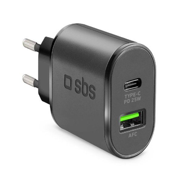 SBS TRAVEL CHARGER 2 PORTS USB AFC /TYPE C PD 25W black SBS TRAVEL CHARGER 2 PORTS USB AFC /TYPE C PD 25W black - Image 1