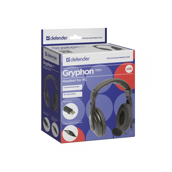 DEFENDER GRYPHON 750U STEREO HEADPHONES USB CONNECT 1.8m black DEFENDER GRYPHON 750U STEREO HEADPHONES USB CONNECT 1.8m black - Image 1