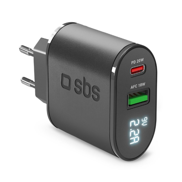 SBS TRAVEL CHARGER LCD 2 PORTS USB/TYPE C PD 20W black SBS TRAVEL CHARGER LCD 2 PORTS USB/TYPE C PD 20W black - Image 1