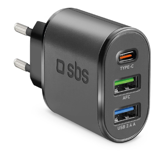 SBS TRAVEL CHARGER 3 PORTS USB/USB/TYPE C PD 30W black SBS TRAVEL CHARGER 3 PORTS USB/USB/TYPE C PD 30W black - Image 1