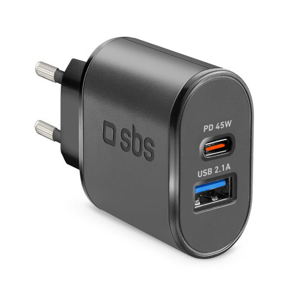 SBS TRAVEL CHARGER 2 PORTS USB 2.1A & PD 45W black SBS TRAVEL CHARGER 2 PORTS USB 2.1A & PD 45W black - Image 1