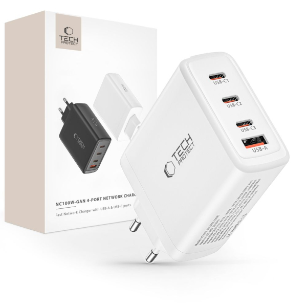 TECH-PROTECT TRAVEL CHARGER 4 PORT PD100W/QC3.0 white TECH-PROTECT TRAVEL CHARGER 4 PORT PD100W/QC3.0 white - Image 1
