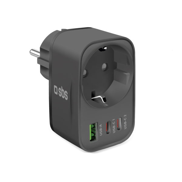 SBS MULTIPLUG WALL CHARGER USB and 2xUSB-C PD 30W Black SBS MULTIPLUG WALL CHARGER USB and 2xUSB-C PD 30W Black - Image 1