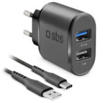 SBS TRAVEL CHARGER 2 PORTS 2.1A + DATA CABLE TYPE C 1m black